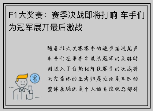 F1大奖赛：赛季决战即将打响 车手们为冠军展开最后激战